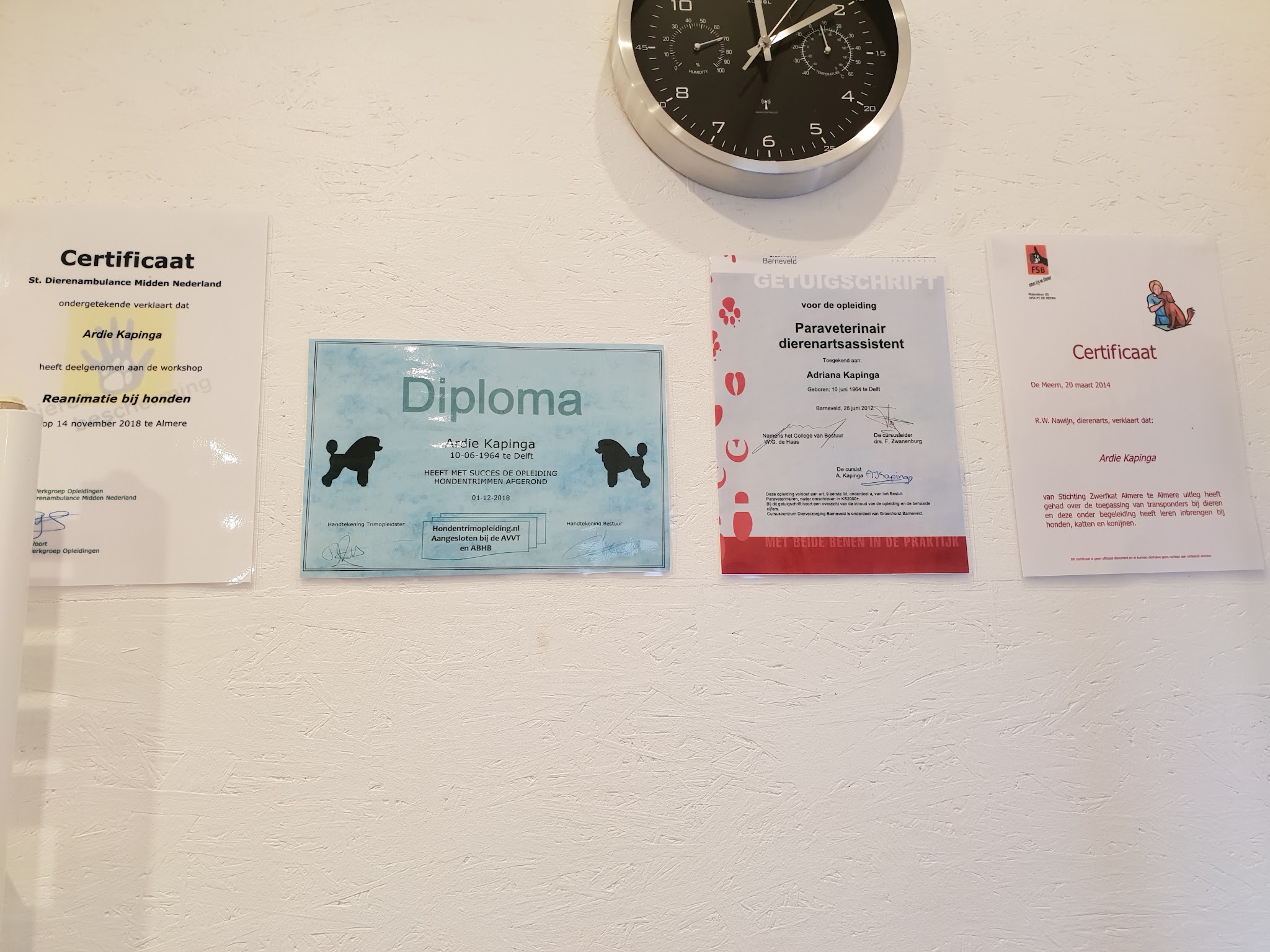 Diploma en certificaten aan de muur in de trimsalon